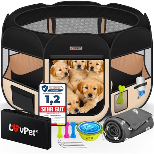 LOVPET® Welpenlaufstall Tierlaufstall Faltbar für Kleintiere Hunde, Katzen Inkl. Hundenapf und Fleece Decke Hundelaufstall Freigehege Oxfordgewebe Pop-up System Indoor & Outdoor, Schwarz/Beige von Lovpet