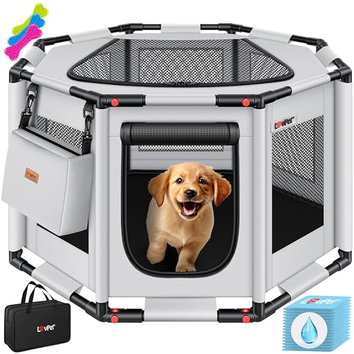 LOVPET® Welpenlaufstall drinnen draußen Welpenauslauf Hunde-Käfig Oxford-Gewebe Tier-Laufstall Kleintier Katzen Freigehege Rahmen PVC-Rohr mit Tasche, 3X Kauknochen & 10 Pad, L 112x112x62cm, Grau von Lovpet