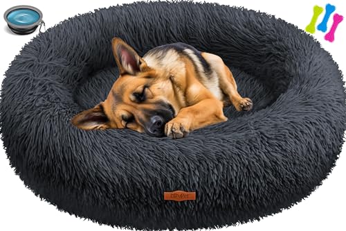 Lovpet® Hundebett Hundekissen Katzenbett Bagel, Waschbar, Inkl. Napf + 3X Kauknochen, Hundesofa flauschig Kissen Rund aus Plüsch für Kleine, Mittelgroße & Große Hunde, Katzen [3XL, Ø 100cm Anthrazit] von Lovpet