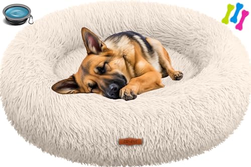 Lovpet® Hundebett Hundekissen Katzenbett Bagel, Waschbar, Inkl. Napf + 3X Kauknochen, Hundesofa flauschig Kissen Rund aus Plüsch für Kleine, Mittelgroße & Große Hunde, Katzen [3XL, Ø 100cm Beige] von Lovpet