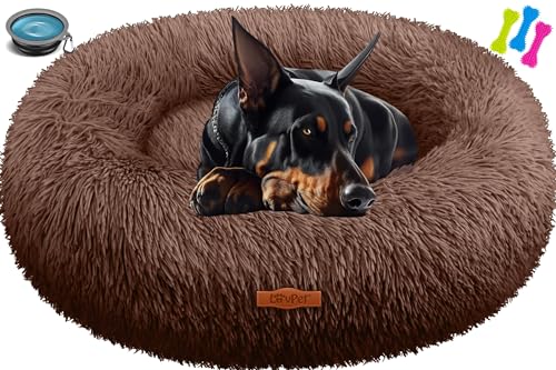 Lovpet® Hundebett Hundekissen Katzenbett Bagel, Waschbar, Inkl. Napf + 3X Kauknochen, Hundesofa flauschig Kissen Rund aus Plüsch für Kleine, Mittelgroße & Große Hunde, Katzen [4XL, Ø 120cm Braun] von Lovpet
