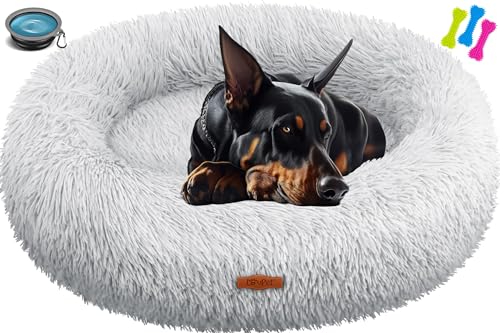 Lovpet® Hundebett Hundekissen Katzenbett Bagel, Waschbar, Inkl. Napf + 3X Kauknochen, Hundesofa flauschig Kissen Rund aus Plüsch für Kleine, Mittelgroße & Große Hunde, Katzen [4XL, Ø 120cm Hellgrau] von Lovpet