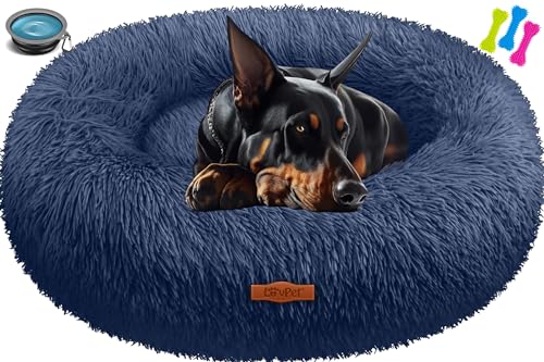 Lovpet® Hundebett Hundekissen Katzenbett Bagel, Waschbar, Inkl. Napf + 3X Kauknochen, Hundesofa flauschig Kissen Rund aus Plüsch für Kleine, Mittelgroße & Große Hunde, Katzen [4XL, Ø 120cm Navyblau] von Lovpet