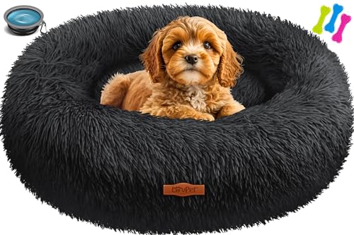 Lovpet® Hundebett Hundekissen Katzenbett Bagel, Waschbar, Inkl. Napf + 3X Kauknochen, Hundesofa flauschig Kissen Rund aus Plüsch für Kleine, Mittelgroße & Große Hunde, Katzen [M, Ø 50cm Schwarz] von Lovpet
