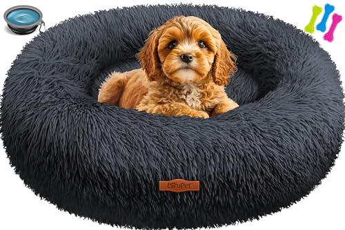 Lovpet® Hundebett Hundekissen Katzenbett Bagel, Waschbar, Inkl. Napf + 3X Kauknochen, Hundesofa flauschig Kissen Rund aus Plüsch für Kleine, Mittelgroße & Große Hunde, Katzen [M, Ø 50cm Anthrazit] von Lovpet