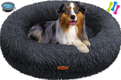 Lovpet® Hundebett Hundekissen Katzenbett Bagel, Waschbar, Inkl. Napf + 3X Kauknochen, Hundesofa flauschig Kissen Rund aus Plüsch für Kleine, Mittelgroße & Große Hunde, Katzen [XL, Ø 70cm Anthrazit] von Lovpet