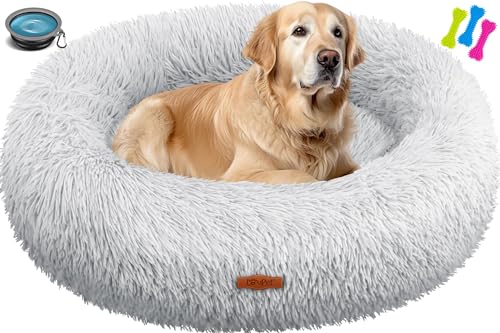 Lovpet® Hundebett Hundekissen Katzenbett Bagel, Waschbar, Inkl. Napf + 3X Kauknochen, Hundesofa flauschig Kissen Rund aus Plüsch für Kleine, Mittelgroße & Große Hunde, Katzen [XXL, Ø 80cm Hellgrau] von Lovpet