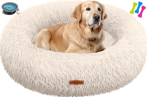 Lovpet® Hundebett Hundekissen Katzenbett Bagel, Waschbar, Inkl. Napf + 3X Kauknochen, Hundesofa flauschig Kissen Rund aus Plüsch für Kleine, Mittelgroße & Große Hunde, Katzen [XXL, Ø 80cm Beige] von Lovpet