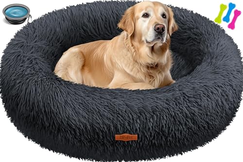 Lovpet® Hundebett Hundekissen Katzenbett Bagel, Waschbar, Inkl. Napf + 3X Kauknochen, Hundesofa flauschig Kissen Rund aus Plüsch für Kleine, Mittelgroße & Große Hunde, Katzen [XXL, Ø 80cm Anthrazit] von Lovpet