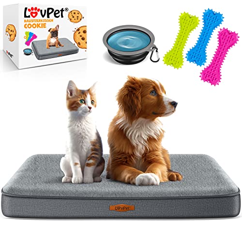 Lovpet® Hundebett orthopädisches Hundekissen Hundekorb Cookie, Inkl. Napf + 3X Kauknochen, Hundesofa für Kleine, Mittelgroße & Große Hunde, Bezug abnehmbar und waschbar, L 91x69x7,6 cm Anthrazit von Lovpet