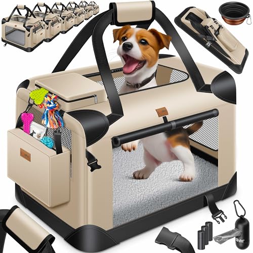 Lovpet® Transportbox Hund Katze Transporttasche L 70x52x52cm | Hunde-Tragetasche Faltbare Katzentasche | Haustier-Transportbox inkl. Hundenapf & Schultergurt | für Katzen & Hunde Beige von Lovpet