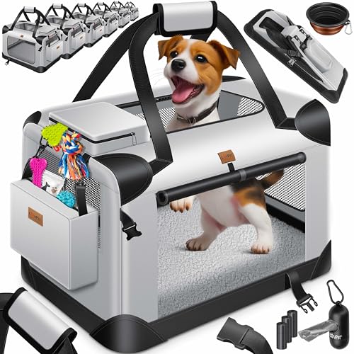 Lovpet® Transportbox Hund Katze Transporttasche S 49,5x34,5x35cm | Hunde-Tragetasche Faltbare Katzentasche | Haustier-Transportbox inkl. Hundenapf & Schultergurt | für Katzen & Hunde Hellgrau von Lovpet