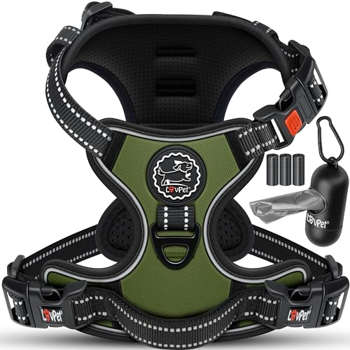 LOVPET® Hundegeschirr ohne Zug & Würgen für kleine Hunde & Welpen atmungsaktiv & weich Brustgeschirr reflektierend | No-Pull-Geschirr inkl.Beutelrollen | Verstellbares Geschirr mit Griff Khaki - M von Lovpet