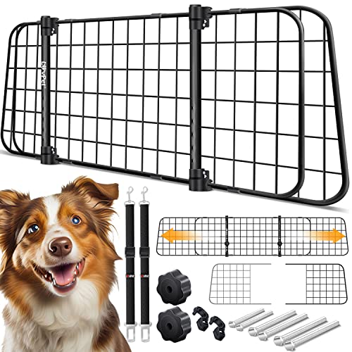 LOVPET® Hundegitter Auto, Autoschutzgitter Trenngitter Universal, verstellbare Breite, Kopfstütze Kofferraum Autogitter Maße 30 x 91-153 cm Kofferraumgitter,+ 2X Sicherheitsgurt für Hunde, Schwarz von Lovpet
