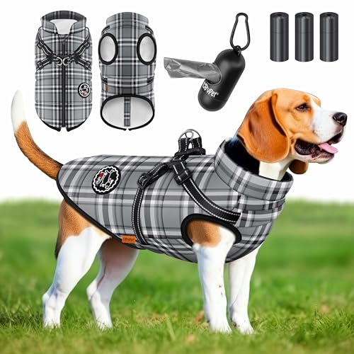 Lovpet® Hundejacke Hundemantel mit Geschirr, inkl. 45 Stück Kotbeutel + Spender, Hunde Winterweste gefüttert wasserdicht, Gepolsterte Weste Mit Brustgurt, Reflektoren, D-Ring 2XL, Grau von Lovpet