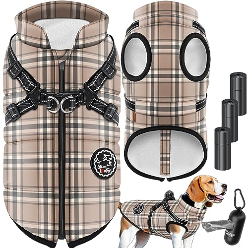 Lovpet® Hundejacke Hundemantel mit Geschirr, inkl. 45 Stück Kotbeutel + Spender, Hunde Winterweste gefüttert wasserdicht, Gepolsterte Weste Mit Brustgurt, Reflektoren, D-Ring 3XL, Beige von Lovpet