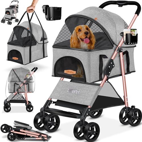 LOVPET® Hundewagen 2in1 Hundebuggy Hundebox Transporttasche Faltbar klappbar bis 20 kg Haustiere Buggy mit Netzfenstern Getränkehalter & Regenschutzabdeckung Jogger Katzenbuggy Hunde Katzen Hellgrau von Lovpet