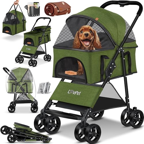 LOVPET® Hundewagen 2in1 Hundebuggy Hundebox Transporttasche Faltbar klappbar bis 20kg Haustiere Buggy mit Netzfenstern Getränkehalter, Regenschutzabdeckung & Kuscheldecke Jogger Buggy für Haustiere von Lovpet