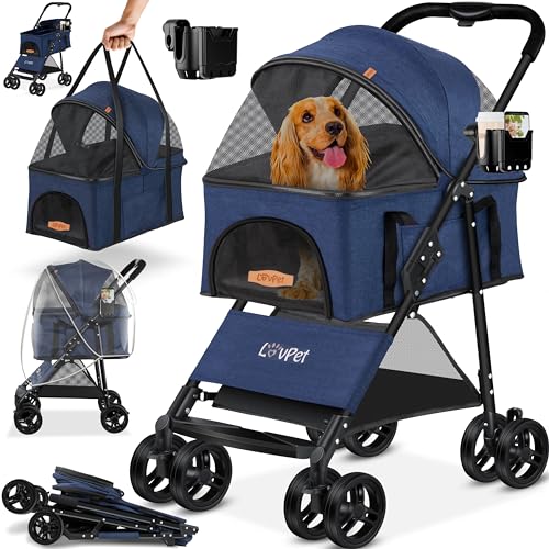 LOVPET® Hundewagen 2in1 Hundebuggy Hundebox Transporttasche Faltbar klappbar bis 20kg Haustiere Buggy mit Netzfenstern Getränkehalter, Regenschutzabdeckung Jogger Buggy für Haustiere von Lovpet