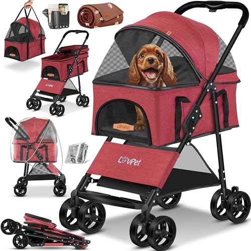 LOVPET® Hundewagen 2in1 Hundebuggy Hundebox Transporttasche Faltbar klappbar bis 20kg Haustiere Buggy mit Netzfenstern Getränkehalter, Regenschutzabdeckung & Kuscheldecke Jogger Buggy für Haustiere von Lovpet