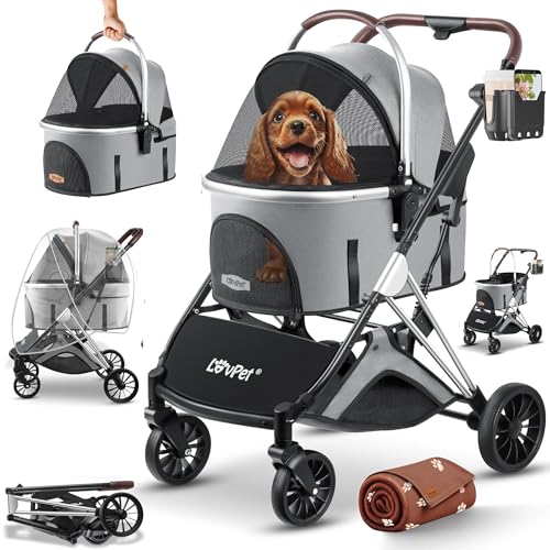LOVPET® Hundewagen 3in1 Hundebuggy bis 20kg Hundebox Transporttasche faltbar klappbar Große Räder Netzfenstern Regenschutzabdeckung Getränkehalter Kuscheldecke Katzenbuggy Jogger Buggy für Haustiere von Lovpet