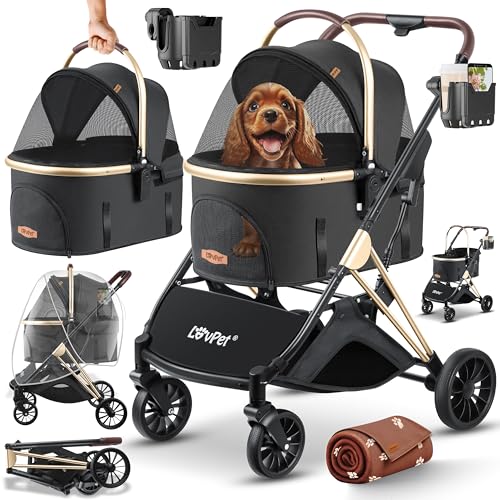 Lovpet® Hundewagen 3in1 Hundebuggy bis 20kg Hundebox Transporttasche faltbar klappbar Große Räder Netzfenstern Regenschutzabdeckung Getränkehalter Kuscheldecke Katzenbuggy Jogger Buggy für Haustiere von Lovpet