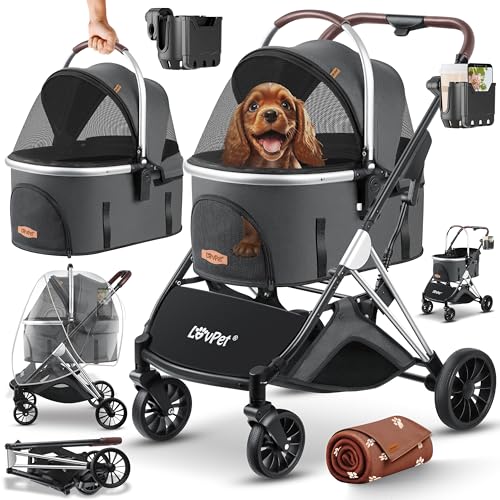 Lovpet® Hundewagen 3in1 Hundebuggy bis 20kg Hundebox Transporttasche faltbar klappbar Große Räder Netzfenstern Regenschutzabdeckung Getränkehalter Kuscheldecke Katzenbuggy Jogger Buggy für Haustiere von Lovpet