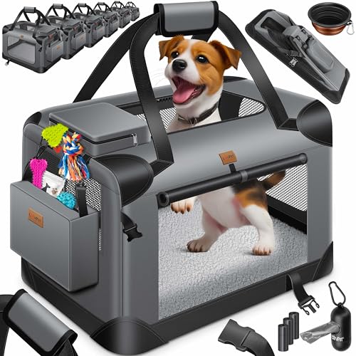 Lovpet® Transportbox Hund Katze Transporttasche M 60x42x42cm | Hunde-Tragetasche Faltbare Katzentasche | Haustier-Transportbox inkl. Hundenapf & Schultergurt | für Katzen & Hunde Anthrazit von Lovpet