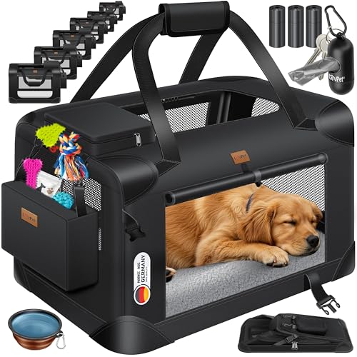Lovpet® Transportbox Hund Katze Transporttasche M 60x42x42cm | Hunde-Tragetasche Faltbare Katzentasche | Haustier-Transportbox inkl. Hundenapf & Schultergurt | für Katzen & Hunde Schwarz von Lovpet
