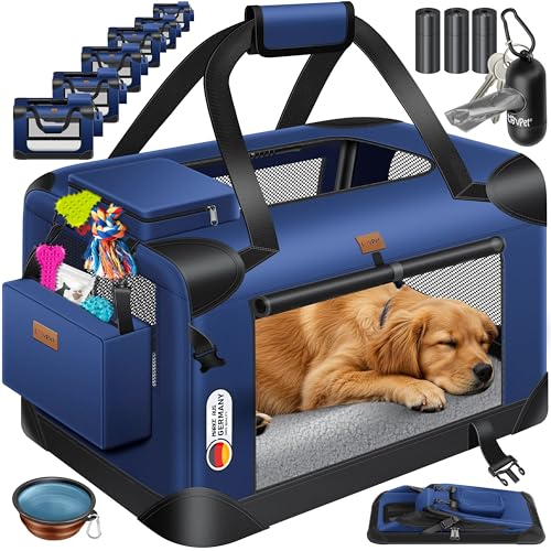 Lovpet® Transportbox Hund Katze Transporttasche S 49,5x34,5x35cm | Hunde-Tragetasche Faltbare Katzentasche | Haustier-Transportbox inkl. Hundenapf & Schultergurt | für Katzen & Hunde Navyblau von Lovpet