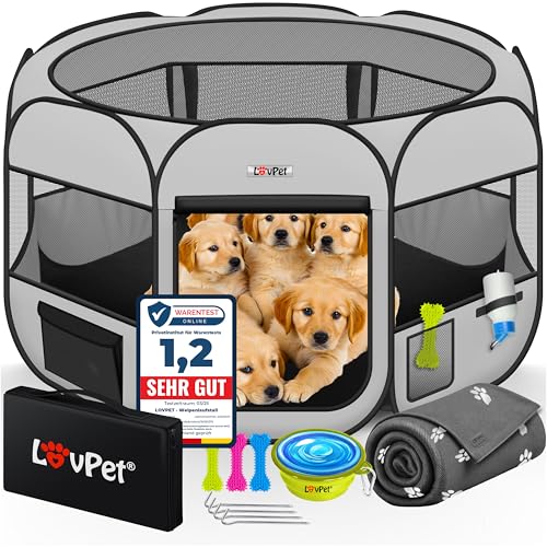 LOVPET® Welpenlaufstall Tierlaufstall Faltbar für Kleintiere Hunde, Katzen Inkl. Hundenapf und Fleece Decke Hundelaufstall Freigehege Oxfordgewebe Pop-up System Indoor & Outdoor, Hellgrau/Schwarz von Lovpet
