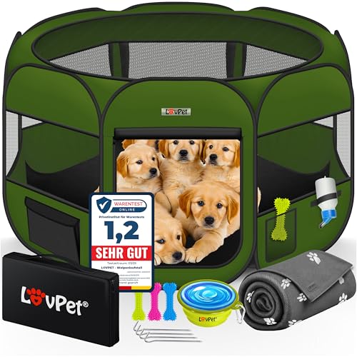 Lovpet® Welpenlaufstall Tierlaufstall Faltbar für Kleintiere Hunde, Katzen Inkl. Hundenapf und Fleece Decke Hundelaufstall Freigehege Oxfordgewebe Pop-up System Indoor & Outdoor, Khaki von Lovpet