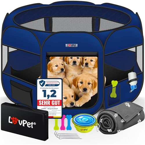 LOVPET® Welpenlaufstall Tierlaufstall Faltbar für Kleintiere Hunde, Katzen Inkl. Hundenapf und Fleece Decke Hundelaufstall Freigehege Oxfordgewebe Pop-up System Indoor & Outdoor, Navyblau von Lovpet