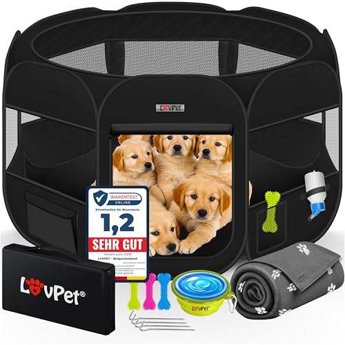 LOVPET® Welpenlaufstall Tierlaufstall Faltbar für Kleintiere Hunde, Katzen Inkl. Hundenapf und Fleece Decke Hundelaufstall Freigehege Oxfordgewebe Pop-up System Indoor & Outdoor, Schwarz von Lovpet