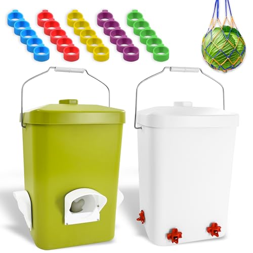 Loyala Automatischer Hühner-Futterspender und Bewässerungs-Set, 11,3 kg, kein Abfall, Geflügel-Futterstation, regenfest, große Hühner-Futterspender, Hühnerstall-Zubehör (Grasgrün und Weiß) von Loyala