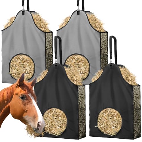 Loyala Heusack für Ziegen, Heu, langsames Füttern, 600D Oxford-Stoff mit Metallring und verstellbarem Riemen, Heubeutel für Pferde, Ziegen, Schafe, Esel, Kühe (2 schwarz + 2 grau), 4 Stück von Loyala