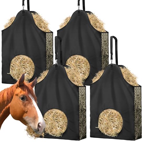 Loyala Heusack für Ziegen, Heu, langsames Füttern, 600D Oxford-Stoff mit Metallring und verstellbarem Riemen, Heubeutel für Pferde, Ziegen, Schafe, Esel, Kühe (Schwarz, 4 Stück) von Loyala