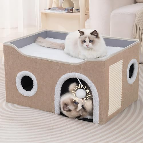 Katzenhäuser für Indoor Katzen - Große Katzenbett Höhle für Katzenhaus mit Kratzunterlage und Flauschiger Ball, Khaki Katzenhäuser für Indoor Katzen - Große Katzenbett Höhle für Katzenhaus mit Kratzunterlage und Flauschiger Ball, Khaki von Loyareal