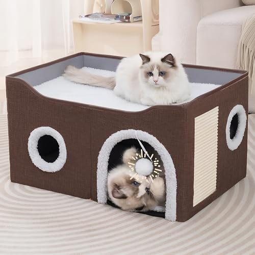 Katzenhäuser für Indoor-Katzen – Großes Katzenbett Höhle für Katzenhaus mit Kratzunterlage und flauschigem Ball, Braun Katzenhäuser für Indoor-Katzen – Großes Katzenbett Höhle für Katzenhaus mit Kratzunterlage und flauschigem Ball, Braun von Loyareal