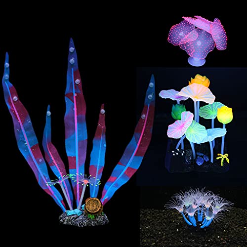 Lpraer 4 Stück leuchtende Aquarium-Dekorationen, Kelp Lotus Anemone Sonne Blume Simulation Glow Plant Glow Effekt Silikon für Aquarium Dekorationen von Lpraer