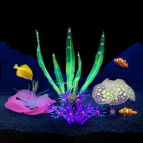 Lpraer 4 Stück leuchtende Aquarium-Dekorationen, Korallenstang, Anemone, Lotuskoralle, Simulation, Glühpflanze, Leuchteffekt, Silikon für Aquarien-Dekorationen von Lpraer