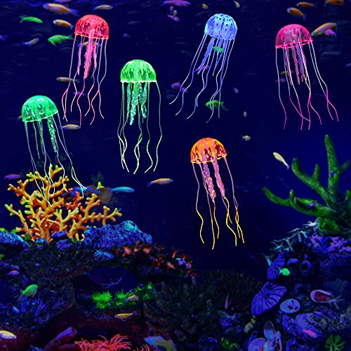 Mangsen 6 Stück leuchtende Quallen schwimmende Aquarium-Dekorationen mit Leuchteffekt aus Silikon Simulation Quallen Ornament Aquarium Dekorationen (6 Farben) von Lpraer