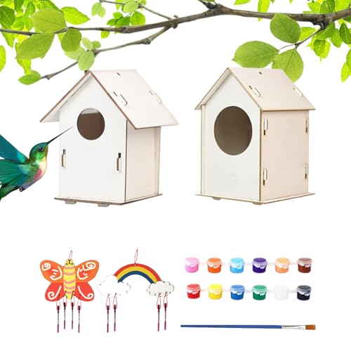 Lpsdssre Vogelhaus, Vogelhaus-Set aus Holz, inklusive Farben und Pinseln, Holzmontage, Vogelhaus, 2 Sets, Haus-Malset, Outdoor-Spielzeug für Kinder im Alter von 4–8 Jahren, Kunst von Lpsdssre