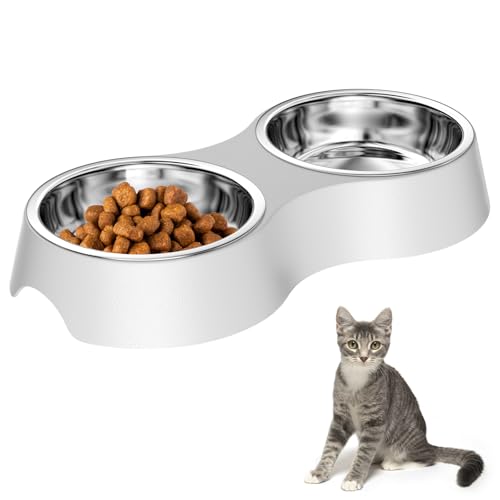 Luazvilkpsar Katzennapf Grau, Futternapf Katze 2er Set Katzennapf Erhöht aus Edelstahl Futterstation rutschfeste, Katzennäpfe Abnehmbarer Fressnapf und Wassernapf für Katzen und Kleine Hunde von Luazvilkpsar