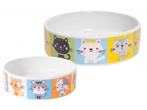 1 Keramiknapf für Katzen, Nass- und Trockenfutter und Wasser, bedruckte Näpfe mit bunten Katzen-Designs, ca. 12 cm und 200 ml von Lucaro
