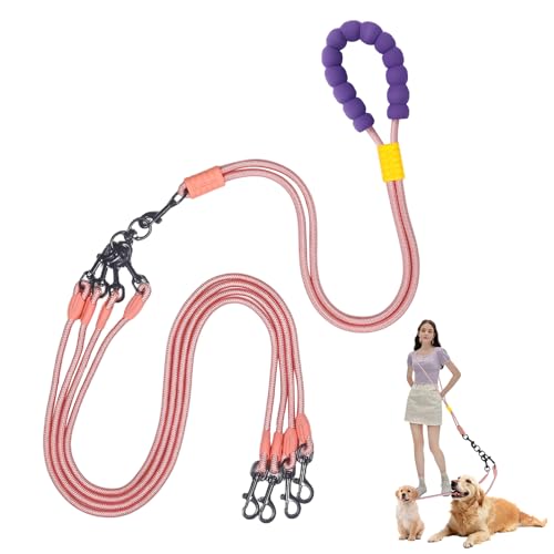 Doppelte Hundeleine, kein Verheddern, verstellbare geteilte Leinen, vier Haustiere, mit bequemem, gepolstertem Griff für vier Hunde, freihändige Doppel-Leinen für kleine/mittelgroße Haustiere (Rosa von Luck Dawn