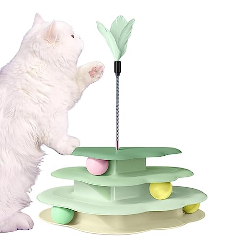 Luckxing Katzen-Kugelbahn-Spielzeug, Vierschichtiges interaktives Katzenspielzeug in Wolkenform für Hauskatzen, Haustier-Kätzchenspielzeug mit Feder-Katzenspielzeug zum Trainieren und Jagen von Luckxing