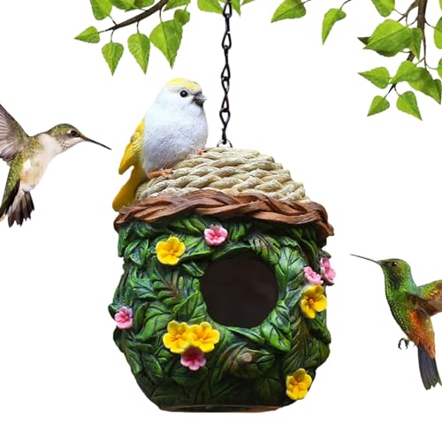 Vogelhaus | Dekoratives Holzhäuschen mit Harzblättern und Blumen - Buntes Vogelhaus, Vogelfutterstation und Nistkasten für die Beobachtung Wilder Vögel im Freien Luckxing von Luckxing