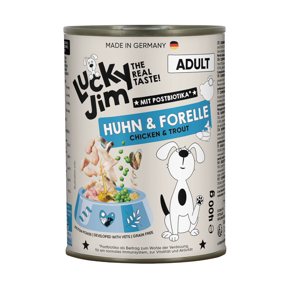 Sparpaket Lucky Jim Adult 24 x 400 g - Huhn & Forelle Sparpaket Lucky Jim Adult 24 x 400 g - Huhn & Forelle von Lucky Jim
