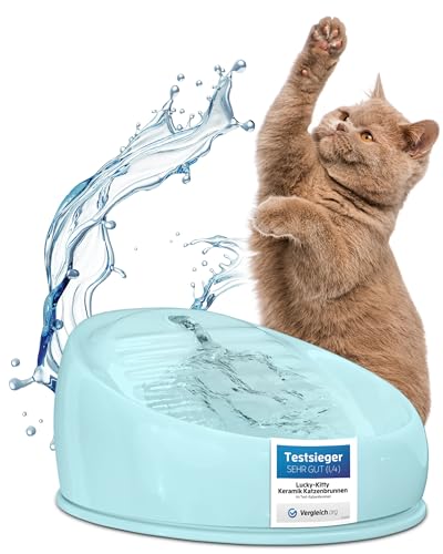 Lucky Kitty Trinkbrunnen für Katze blau I Katzenbrunnen Keramik Handarbeit, hygienisch I Kein Aufladen, kein Filter-Tausch I Trinkbrunnen leise & energiesparend I Wasserspender Katzen plastikfrei von Lucky-Kitty